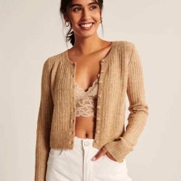 Abercrombie & Fitch Sweaters - Abercrombie & Fitch Cropped Ribbed V Neck Cardigan Tan Size Medium Minimalist